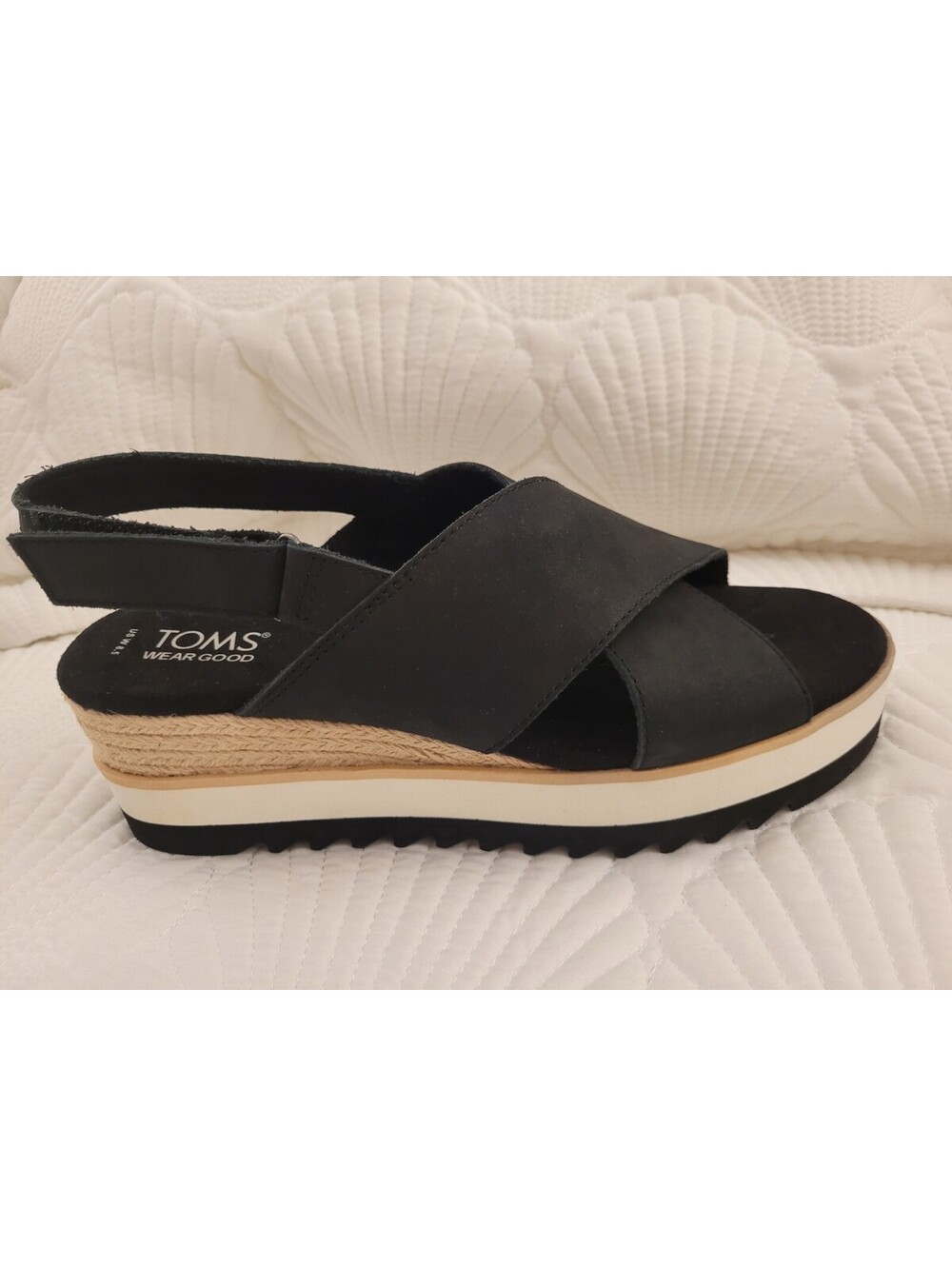 Toms Diana Crossover Platform Wedge Sandals Woman's 8.5 Blk Leather Slingback